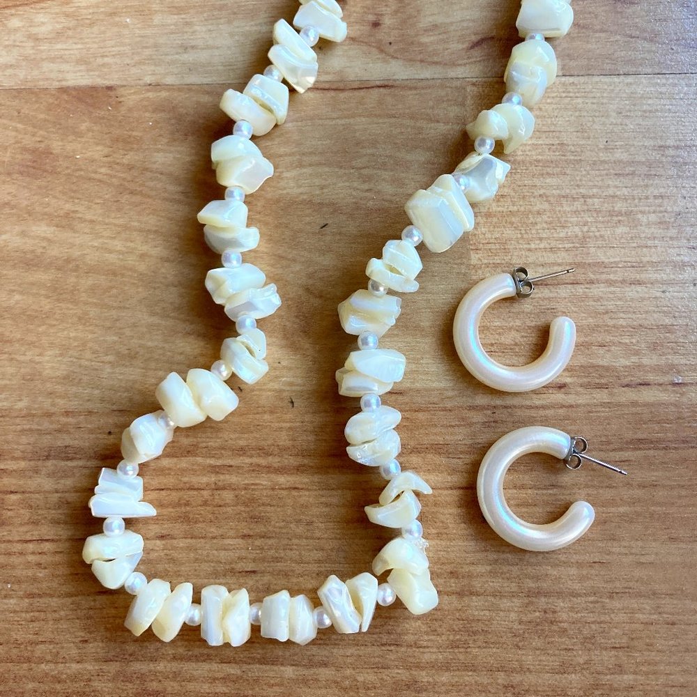 White Chip Stone Necklace + Hoop Earrings Set